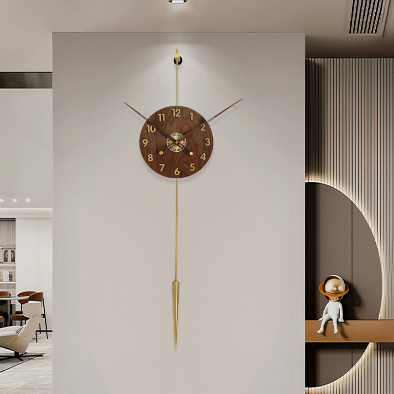 创意潮流轻奢时钟玄关样板间实木挂钟 现代简约静音石英表客厅个性