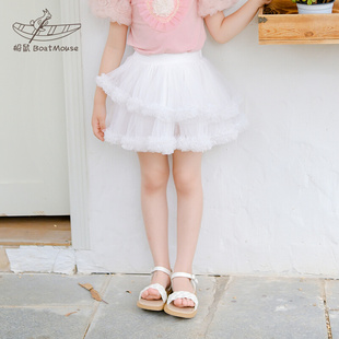 船鼠女童短裙夏季 韩版 洋气儿童半身裙宝宝裙子 白色网纱裙内搭短裤