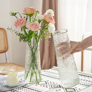 浮雕ins玻璃花瓶大号透明水养富贵竹客厅家用插花摆件 两件套