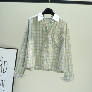 女秋季 浅绿色单口袋格子短款 小清新上衣外套 新品 长袖 韩版 棉布衬衫