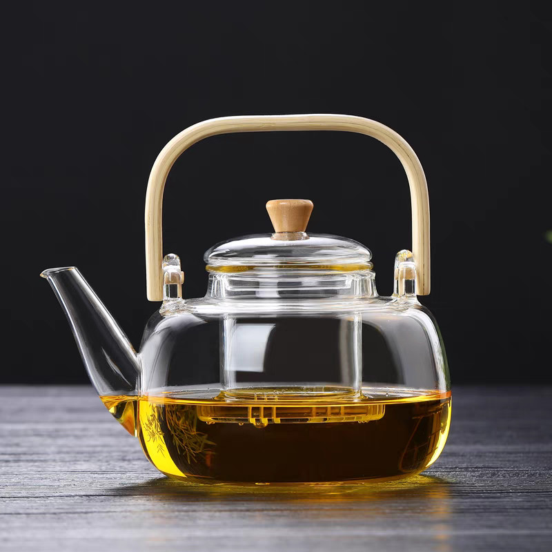 家用加热耐高温泡茶器加厚煮小套单壶 竹把提梁壶玻璃茶壶茶具套装