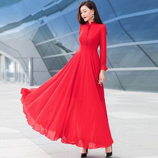 裙子 连衣裙女2023新款 显瘦减龄时尚 过膝复古长款 红色雪纺长袖 秋季
