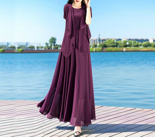 紫色雪纺连衣裙女夏套装 裙2024流行气质修身 两件套 显瘦长裙开衫