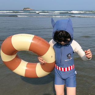 男童泳衣夏季 儿童长袖 海边男孩宝宝游泳衣服连帽 防晒速干连体泳装