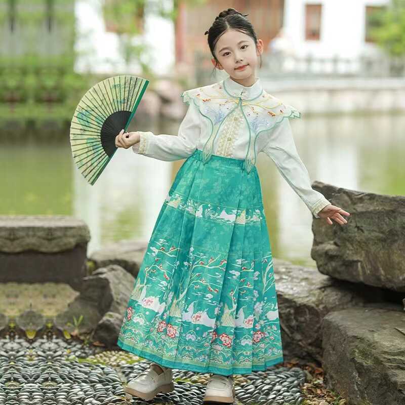 女童马面裙春秋季 中国风小女孩高端唐装 儿童汉服套装 表演服 新款