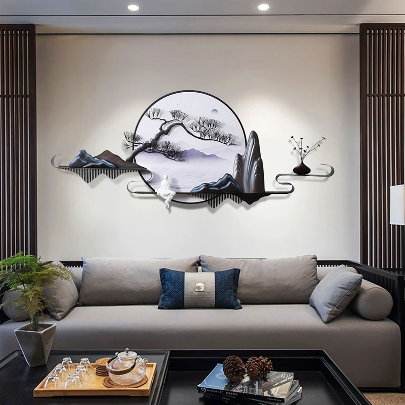 新中式 客厅沙发背景墙装 饰画 饰挂画茶室禅意圆形3d山水壁画墙面装