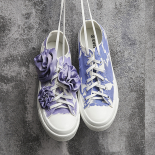 法国小众设计师daymare普罗旺斯度假紫色花薰衣草鸳鸯涂鸦帆布鞋