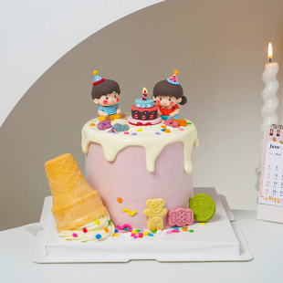 饰品派对帽男孩女孩吹蜡烛立体小蛋糕插件儿童生日摆件 烘焙蛋糕装