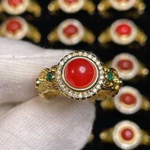 礼物 天然南红玛瑙保山冰红戒指女复古镀金开口指环红宝石玉石时尚