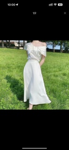 韩国设计师labelle 白色均码 • 丝绸缎面纯白蝴蝶结长裙套装