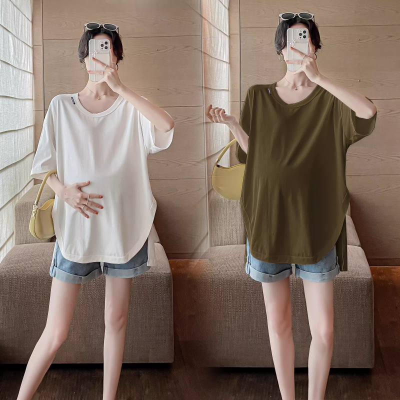 V领短袖 韩版 时尚 2024新款 T恤 纯棉洋气打底衫 上衣夏季 中长款 孕妇装