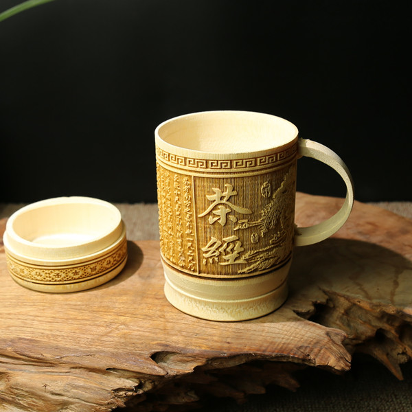 天然竹茶杯雕刻竹杯带盖竹杯竹水杯竹工艺品天然竹制品厂家直销