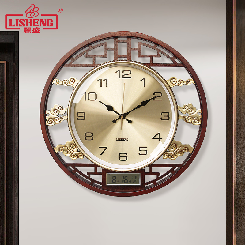 饰家用时钟大气万年历挂表石英钟表 实木挂钟静音客厅装 丽盛新中式
