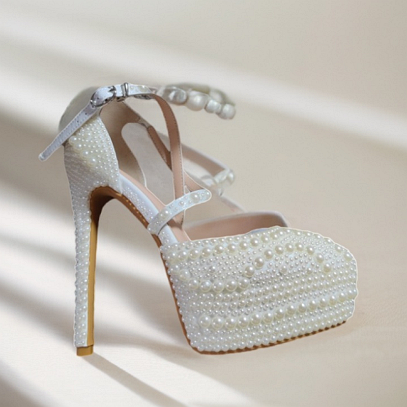 结婚婚鞋 女白色珍珠鞋 细跟防水台银色尖头礼服14CM 新娘高跟鞋