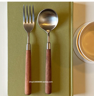 木柄叉勺不锈钢餐具餐叉餐勺胡桃木餐具家用叉子 blue日式 走失