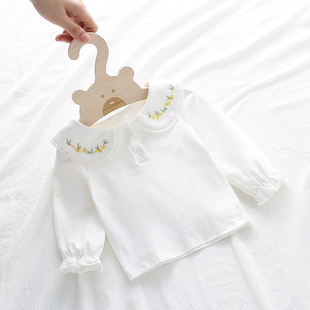 婴儿春秋装 3岁女宝宝长袖 白色T恤女童娃娃领绣花上衣洋气 打底衫