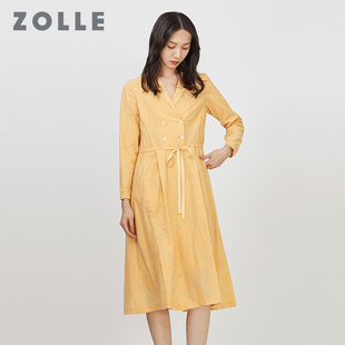 ZOLLE因为春夏新款 连衣裙V领西装 领显瘦中高腰女裙子 纯色百搭长袖
