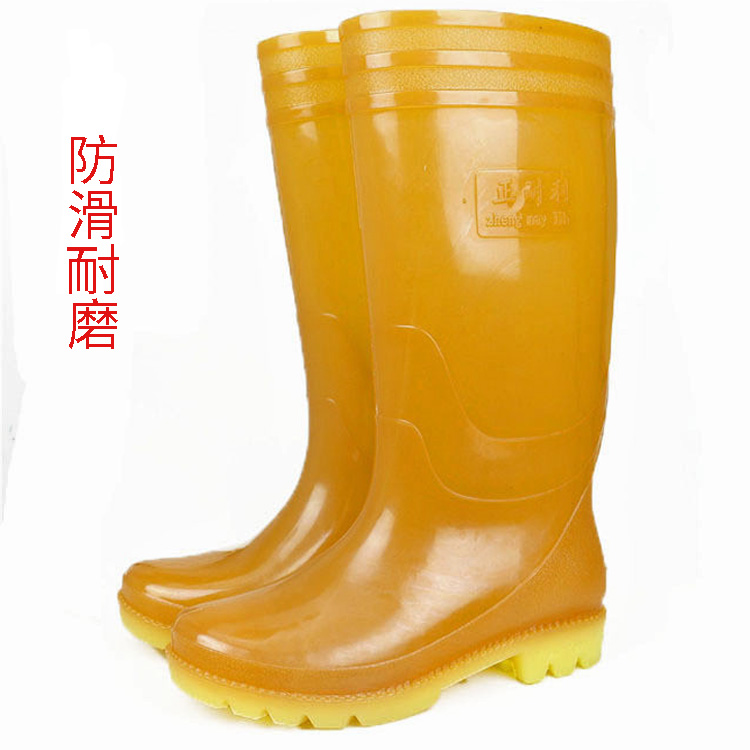 正耐利雨鞋 黄色水鞋 牛筋底胶靴防滑 男橡胶高筒雨靴加厚底劳保雨鞋