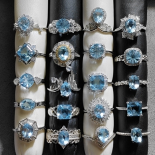 天然彩宝蓝色宝石托帕石戒指蓝色系天然海蓝色托帕石925银戒指