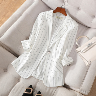 外套夏 韩版 气质休闲七分袖 小个子西服白色薄款 外套女新款 条纹西装