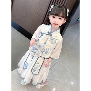 青花瓷女童古装 汉服夏季 复古演出服 儿童中国风公主裙改良超仙唐装