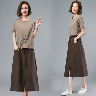 亚麻t恤半身裙套装 女夏季 设计感显瘦中年妈妈棉麻连衣裙 2024新款