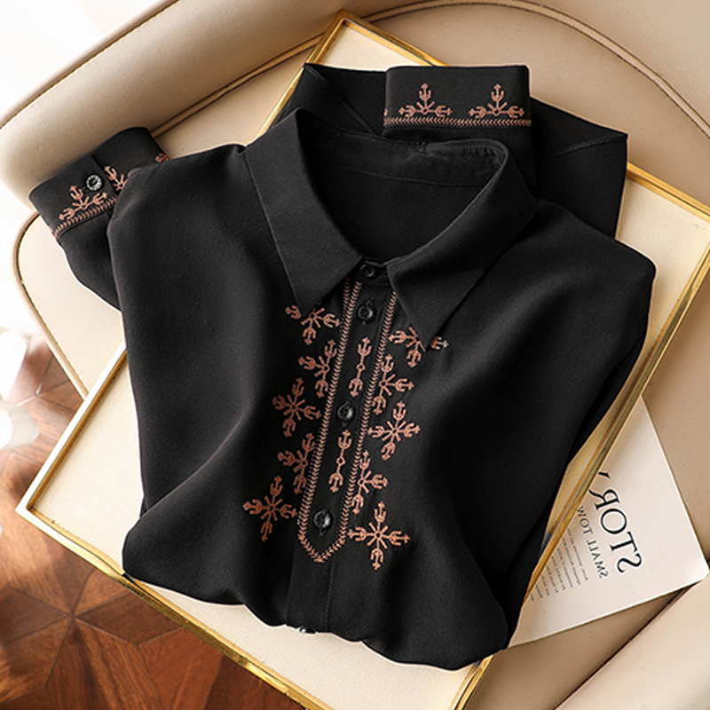 刺绣设计感桑蚕丝气质上衣女 女士2024新款 黑色高级感轻奢真丝衬衫