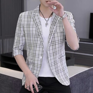 潮流短袖 修身 西服外套男韩版 中袖 上衣褂 格子小西装 薄款 七分袖 夏季
