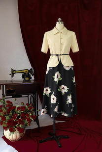 A字裙 套装 Vintage雪纺印花两件套套裙短袖 高腰上衣 新品 FXMHK夏季