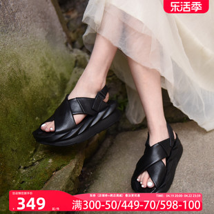 Artmu阿木原创真皮厚底凉鞋 2024年女新款 黑色坡跟一字带罗马鞋