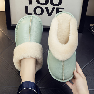 韩版 秋冬季 女室内居家防滑月子棉拖鞋 家用 真皮面加厚保暖毛毛拖鞋