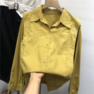 抽绳长袖 韩版 女2022秋新款 设计感口袋纯色休闲polo领衬衣2230 衬衫
