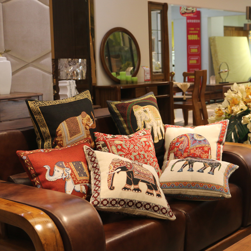 SPA餐厅沙发靠垫含芯 东南亚民族风大象靠枕套双面绣花抱枕套泰式