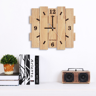 静音免打孔方形时钟表 实木创意挂钟客厅现代简约挂墙家用北欧时尚