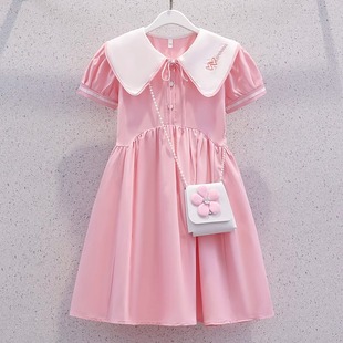 女童连衣裙夏季 洋气粉色公主裙儿童装 2023新款 雪纺学院风裙子 薄款