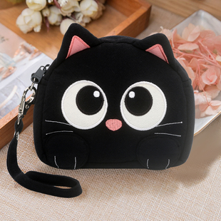 日本设计Kine猫棉布手工可爱卡通黑猫简约拉链零钱包手腕收纳包女