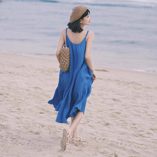 垂坠感长裙高级感 夏季 蓝色吊带裙海边度假沙滩连衣裙子女2024新款