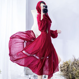 拍照旅拍裙子沙漠青海湖大理西藏盐湖旅游长裙红色巫师裙度假红裙