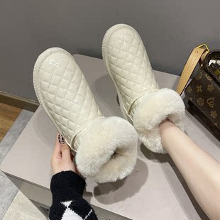 2021新款 皮面防水雪地靴韩版 菱格靴子女 显瘦棉鞋