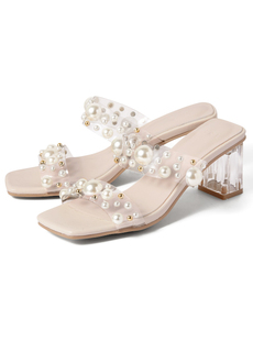 仙女珍珠拖 拖鞋 茶歇温柔优雅一字透明水晶跟高跟日系凉鞋 女 法式