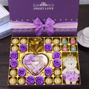 心形创意玫瑰花圣诞节520生日礼物送女友 费列罗德芙巧克力礼盒装