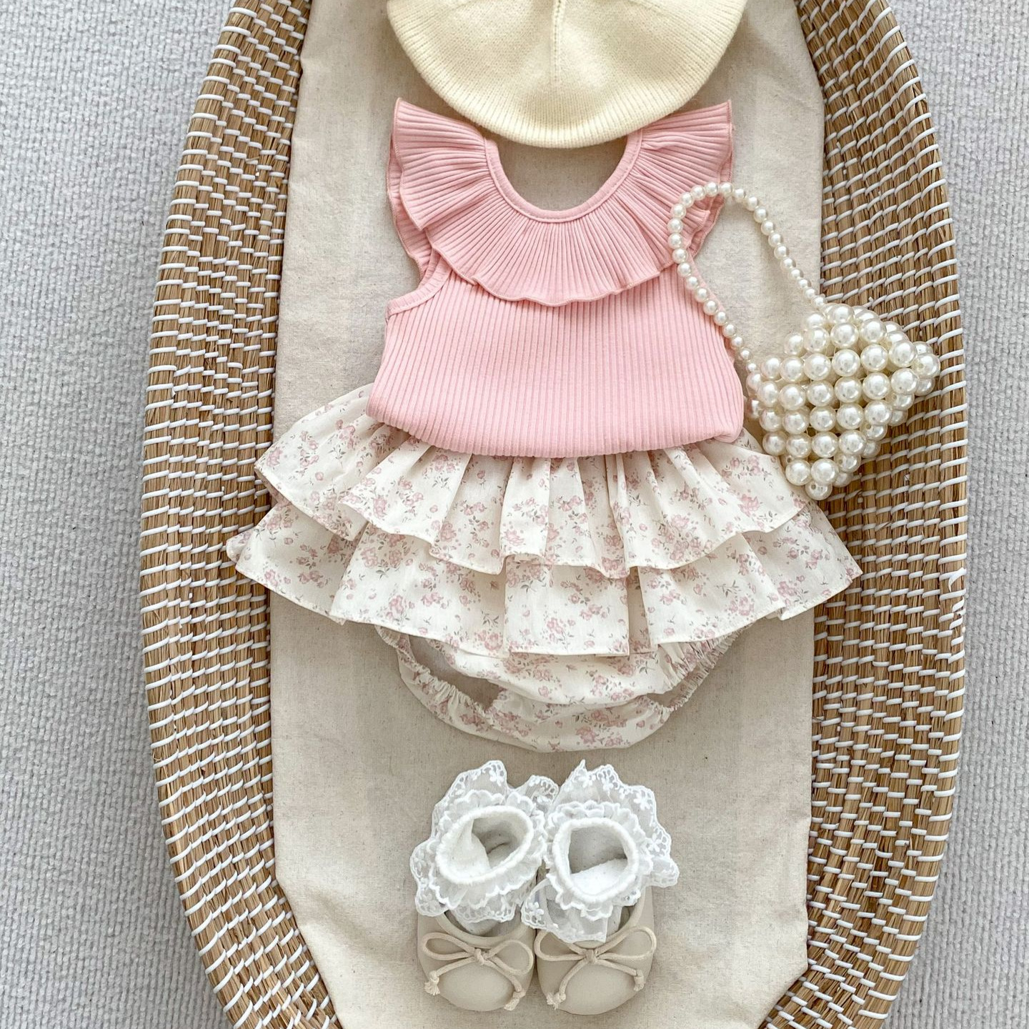 ins婴儿夏季 女童纯色荷叶边圆领无袖 碎花蛋糕裙女宝宝两件套 上衣