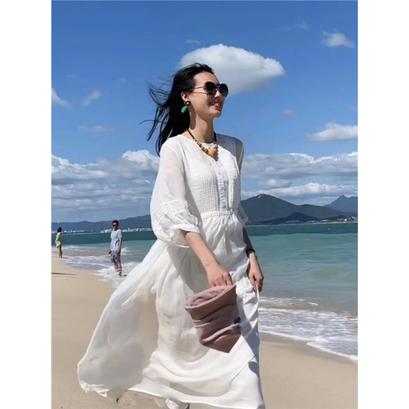超仙长裙三亚海边度假沙滩裙子 抽绳收腰苎麻白色连衣裙女夏季 法式