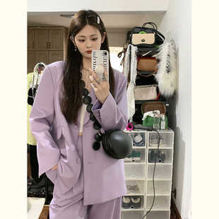 新款 幂式 韩版 休闲紫色西装 宽松显瘦两件套西服套装 外套女春秋季