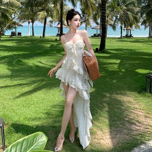 白色超仙女海边度假沙滩裙不规则长裙荷叶边雪纺吊带连衣裙女夏季