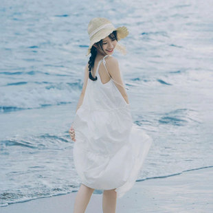 沙滩裙日系纯色仙气大摆长 白色仙女吊带连衣裙海边度假仙女裙夏季