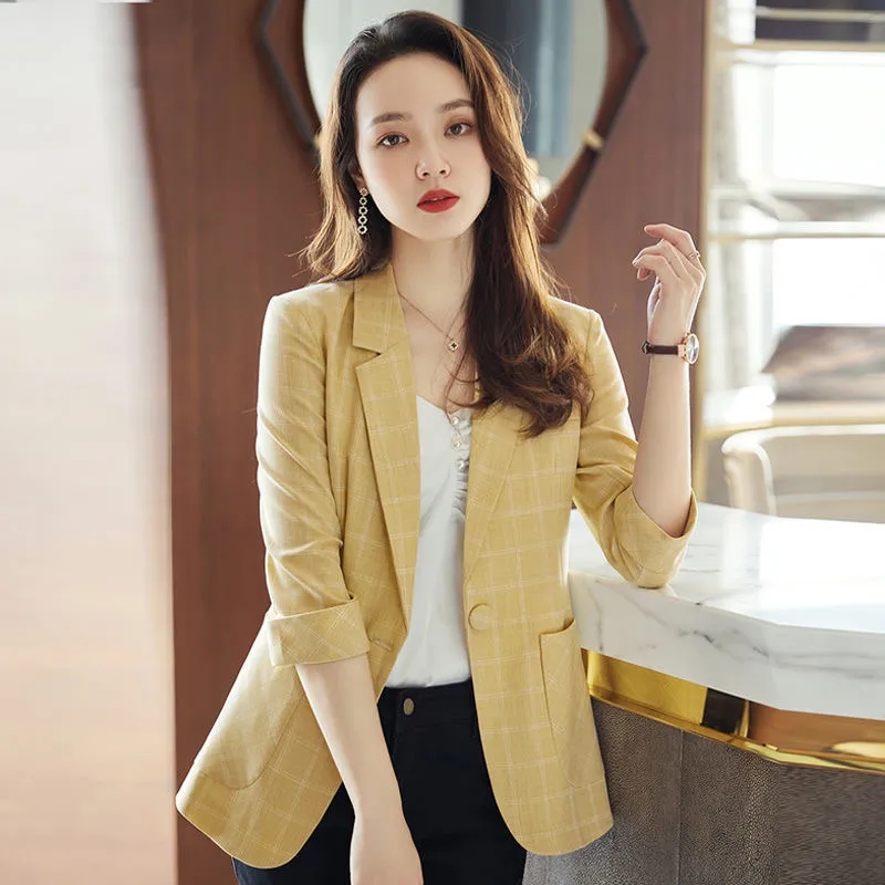 薄款 西服 黄色格子小西装 韩版 外套女春夏季 七分袖 气质休闲短款 新款