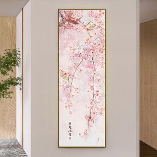 新中式 盛开桃花手绘油画玄关装 挂壁画 饰画原木风温馨客厅花卉竖版