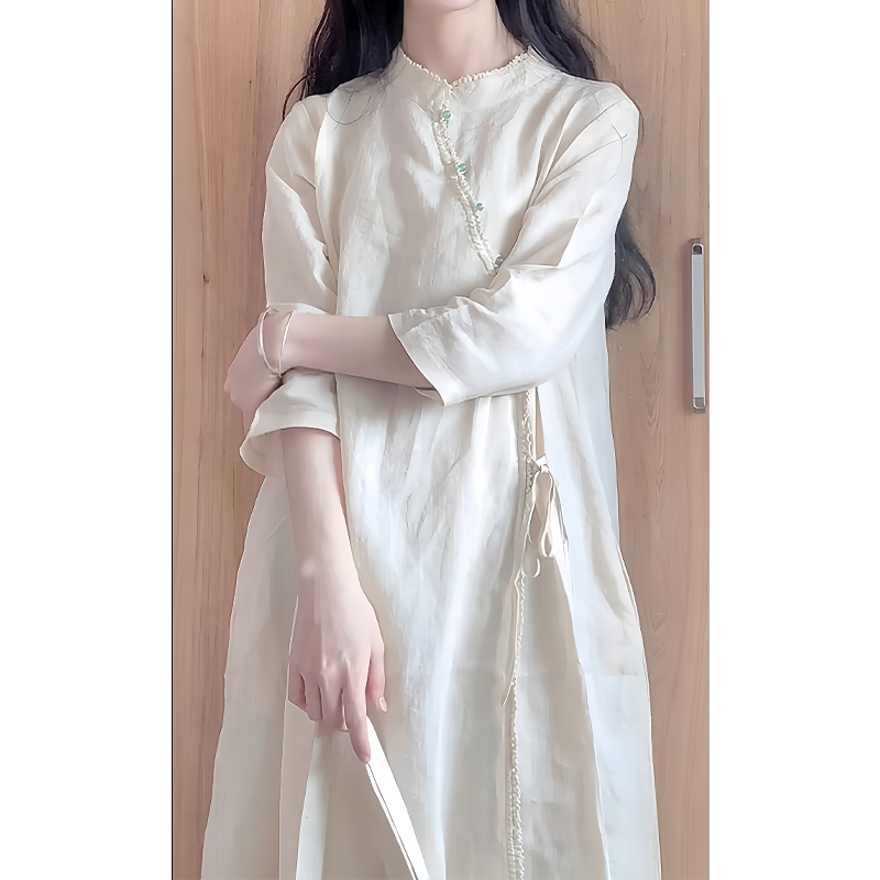 新中式 国风禅意女装 棉麻高端气质白色连衣裙子 改良旗袍年轻款