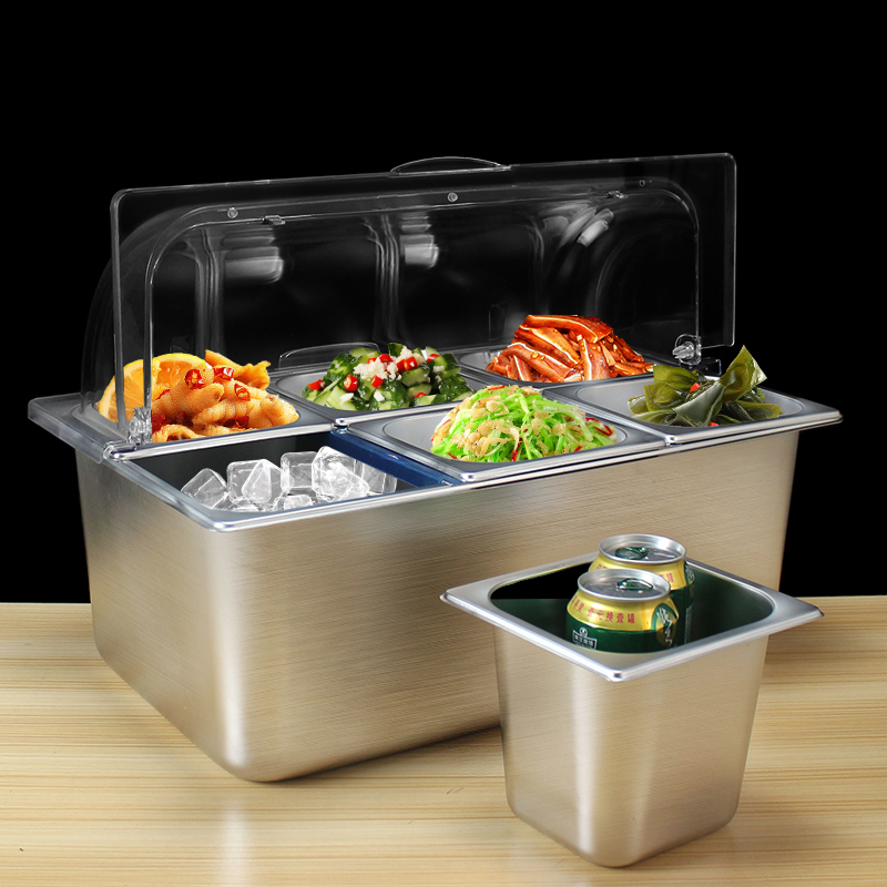 不锈钢双层加冰保冷保鲜盒自助餐凉菜冰粉摆摊容器蒸盘滤水滤油